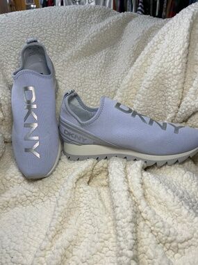 DKNY logo wedge tennis shoe, Light blue w/silver logo, size 9.5